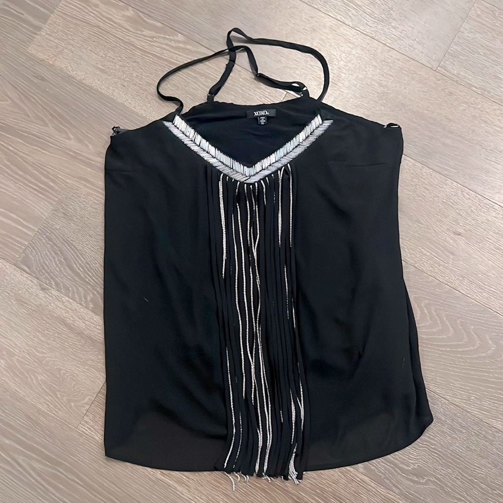 XOXO black dress top with silver chains. Size: XL. Gently used.